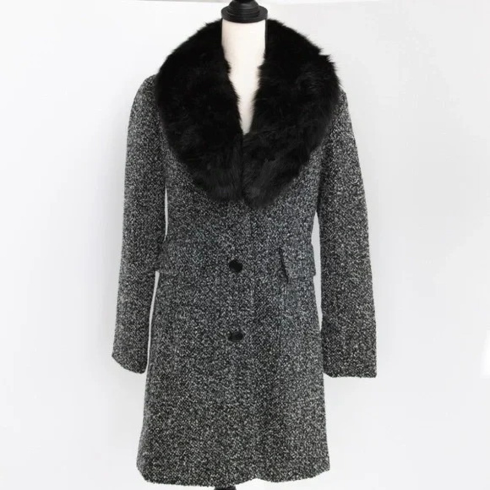 INTL Details Tweed Coat‎ Black White Faux Fur Wool Blend Retro Chic XL